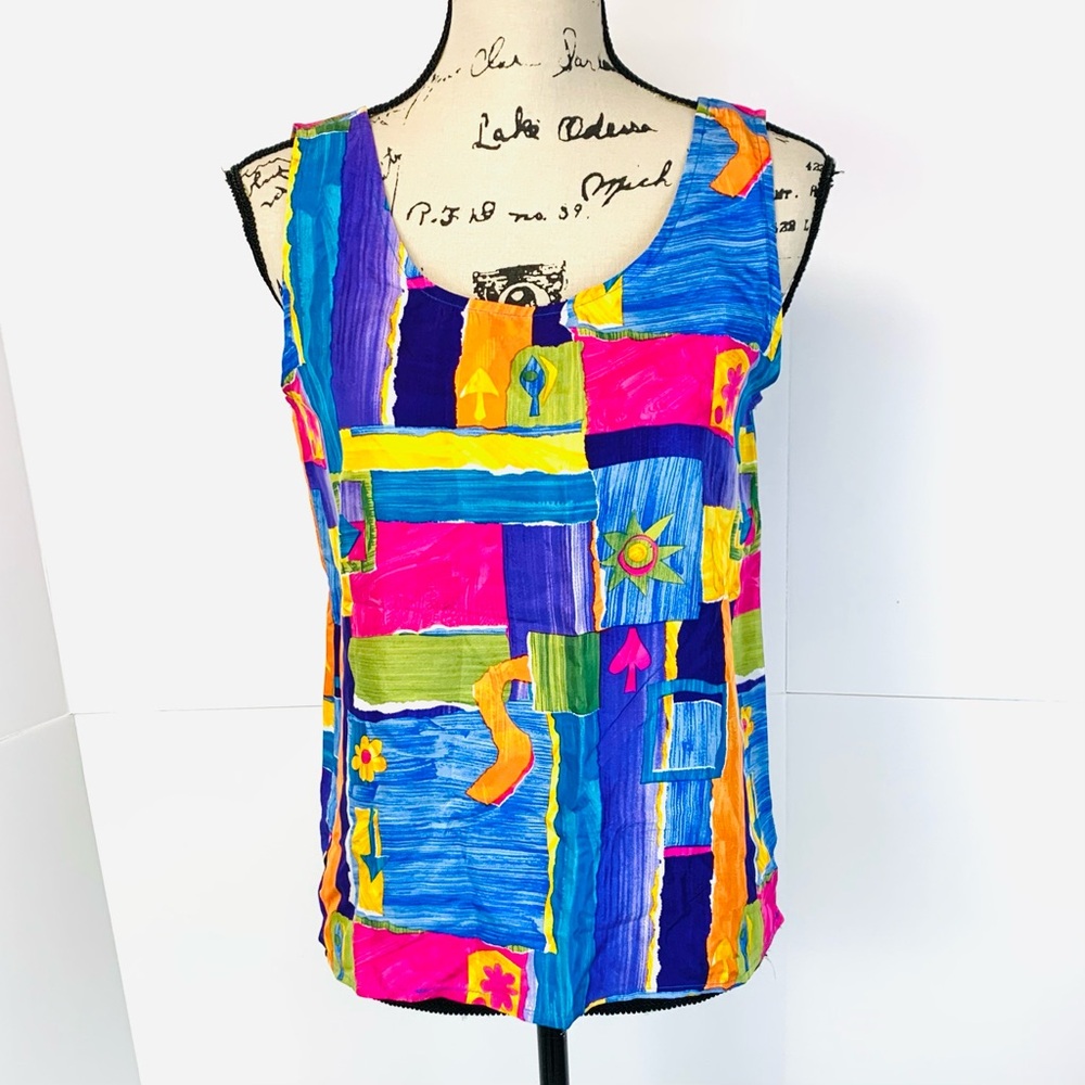 Vintage 80s Limited Women S 100% Silk Tank Top Retro Geometric Colorful Artsy